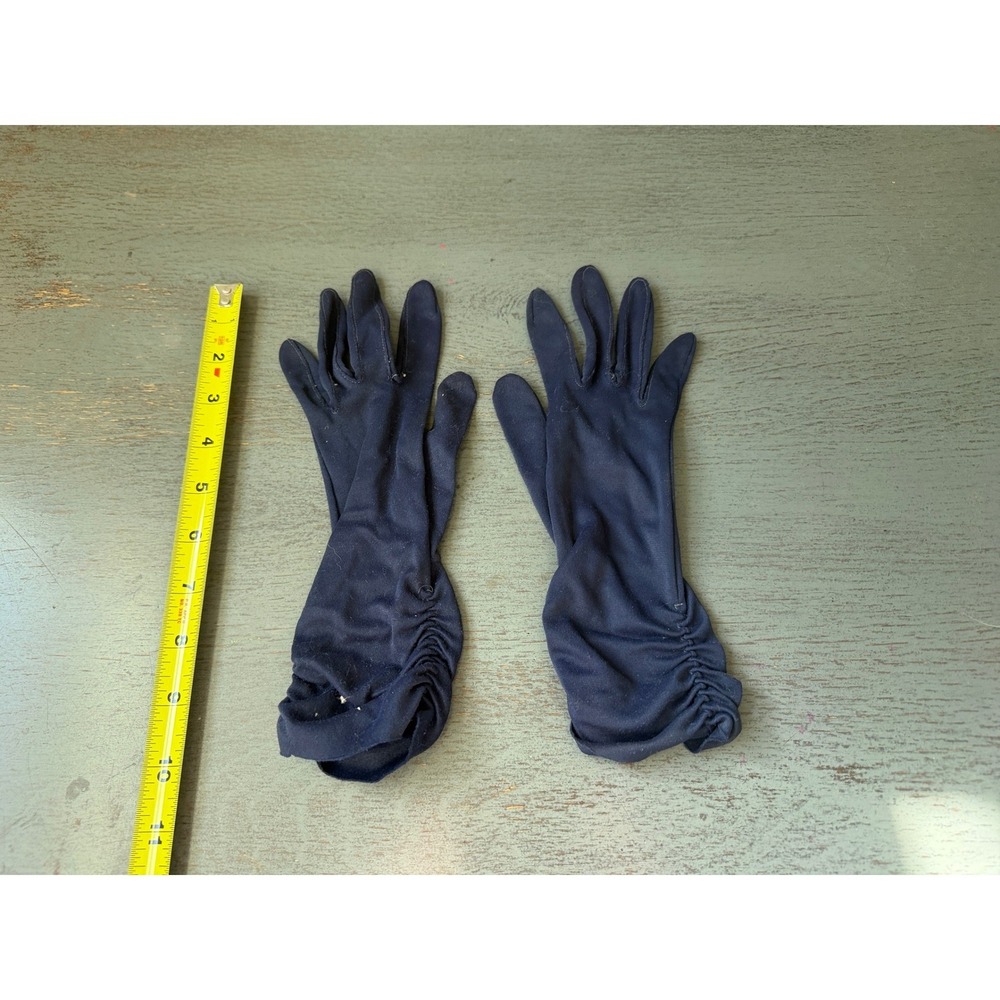 Vintage Style Navy Blue Ruched Wrist Mid Length Stretch Evening Gloves